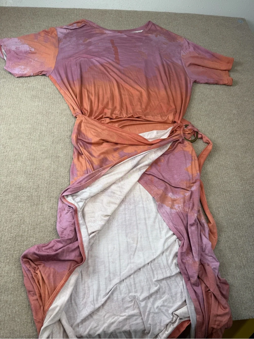 Free People Alyssa Wrap Dress Tie-Dye in Pink and Orange Boho Adjustable D Ring - Picture 6 of 14